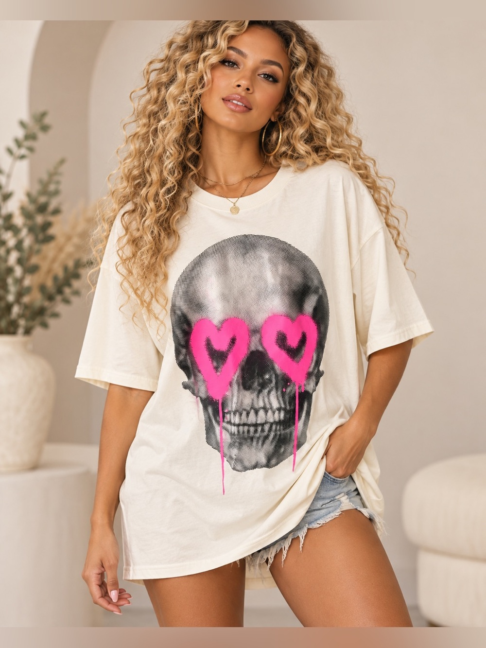 Oversized Cream Graphic Skull Tee with Pink Heart Eyes
